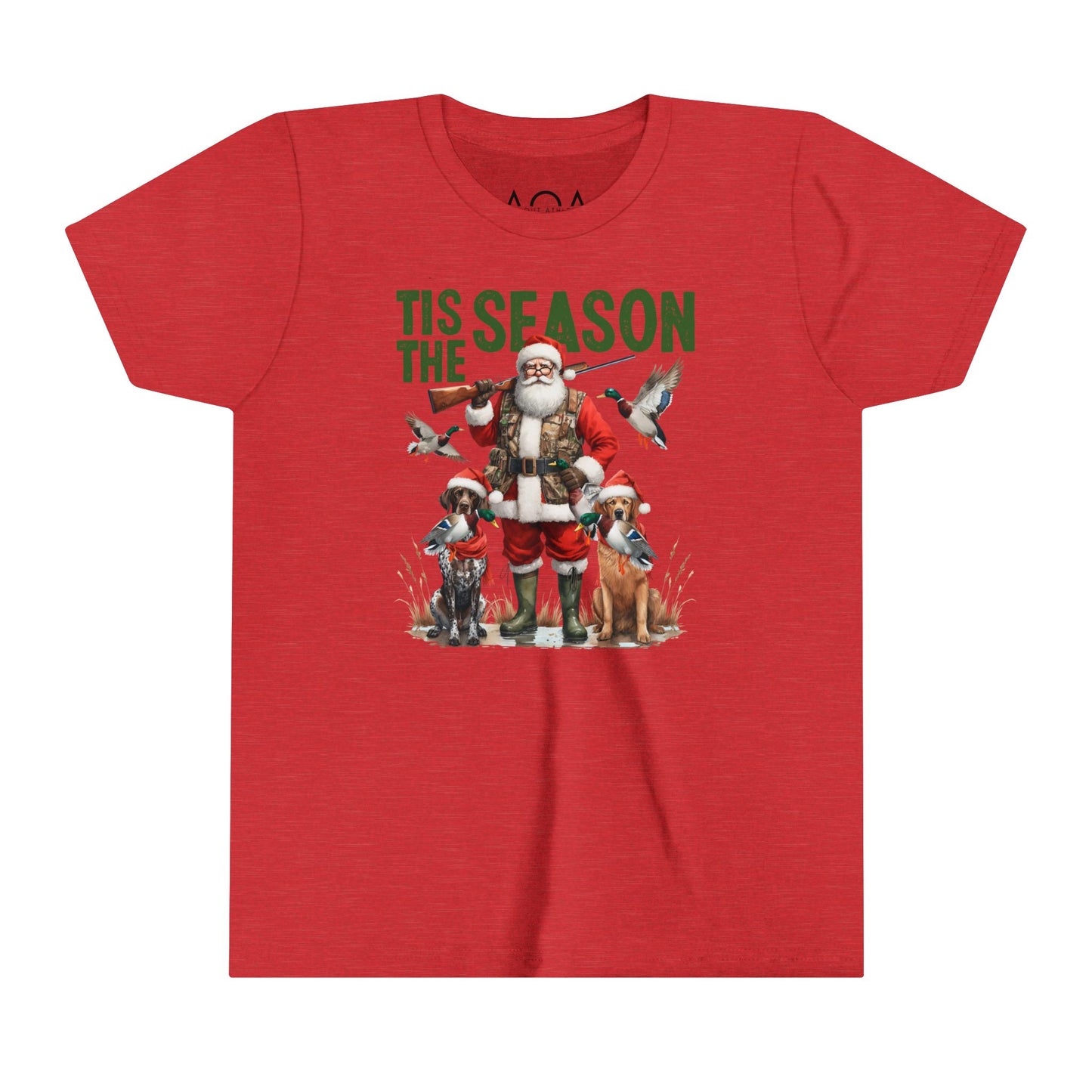 Youth Christmas hunting-themed T-Shirt featuring Santa and hunting dogs