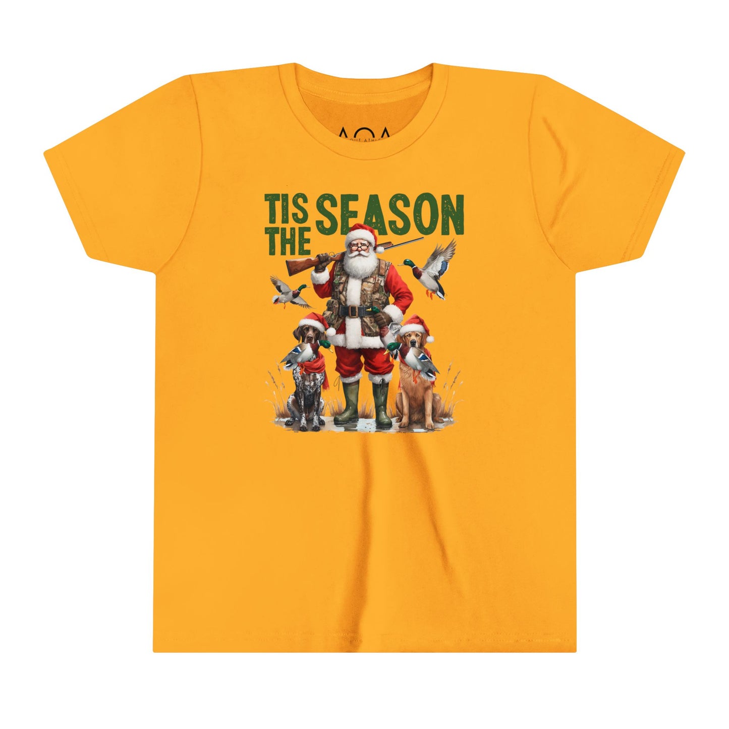 Youth Christmas hunting-themed T-Shirt featuring Santa and hunting dogs