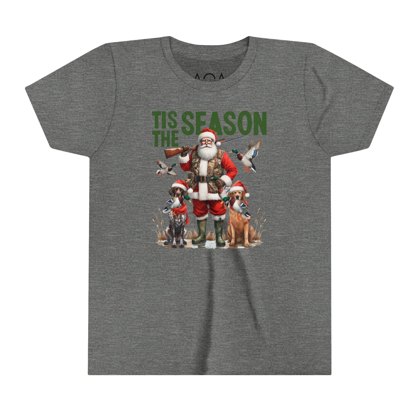 Youth Christmas hunting-themed T-Shirt featuring Santa and hunting dogs