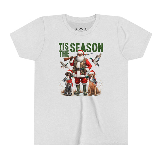 Youth Christmas hunting-themed T-Shirt featuring Santa and hunting dogs