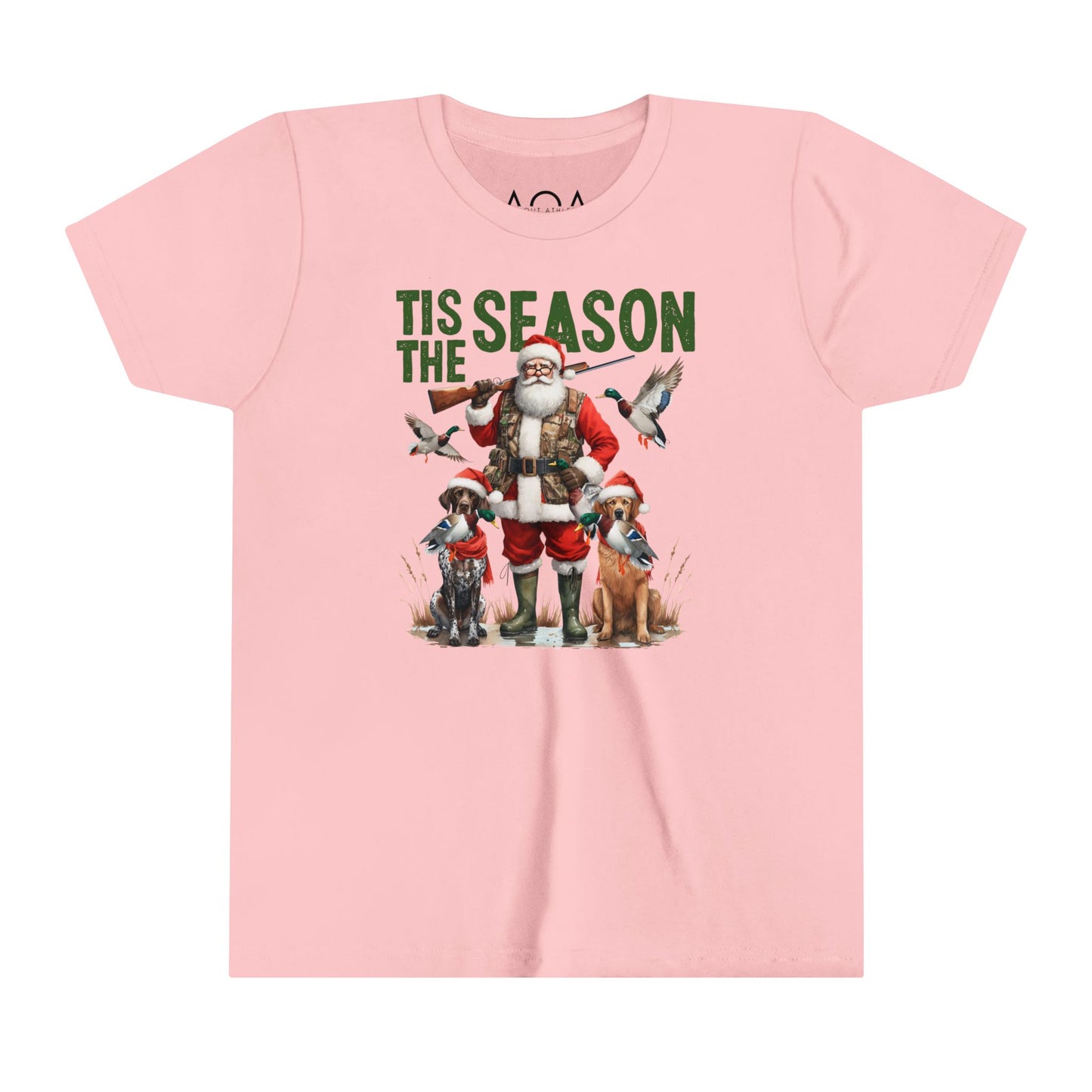 Youth Christmas hunting-themed T-Shirt featuring Santa and hunting dogs