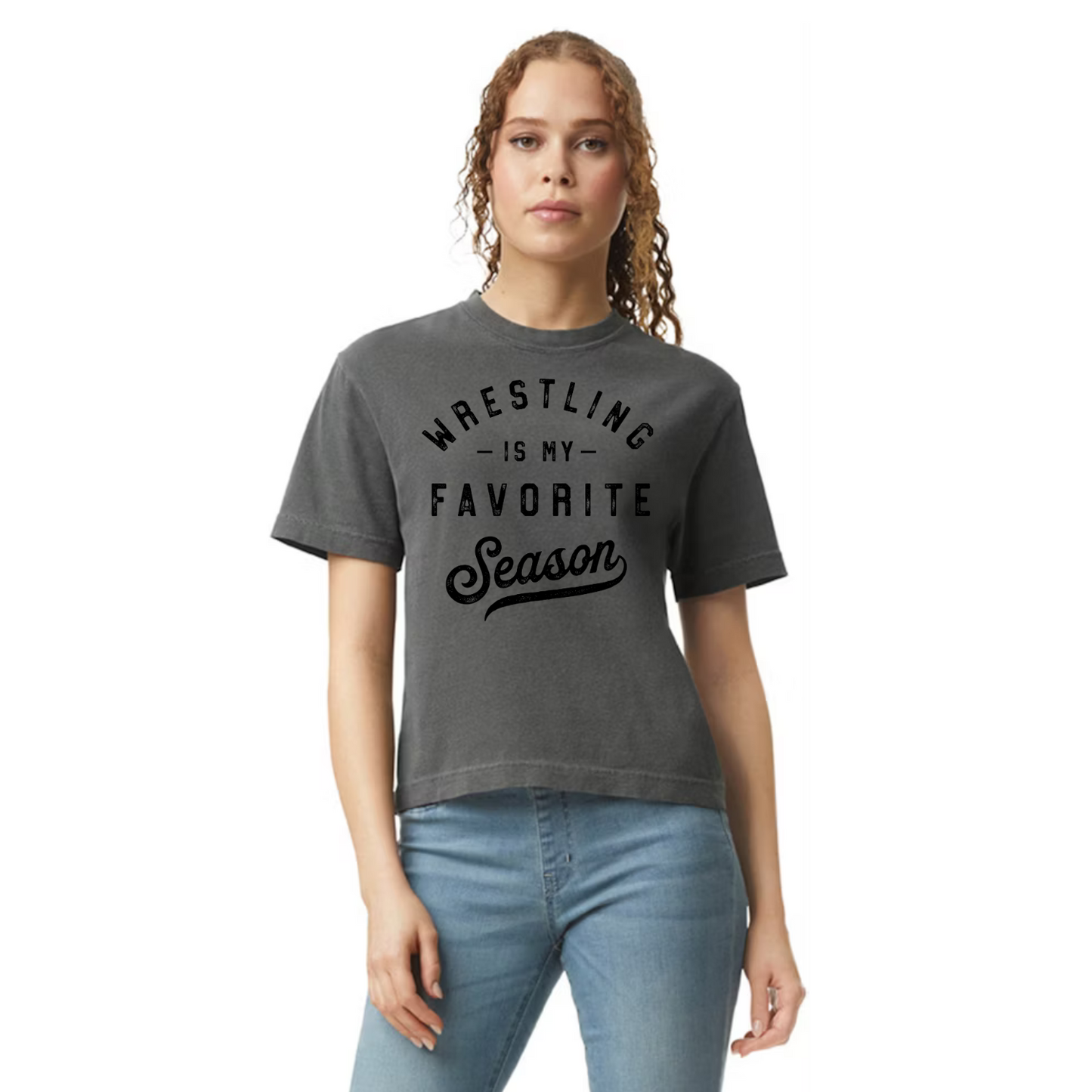 Boxy Crop Tshirt - Wrestling is my Favorite Season (black)