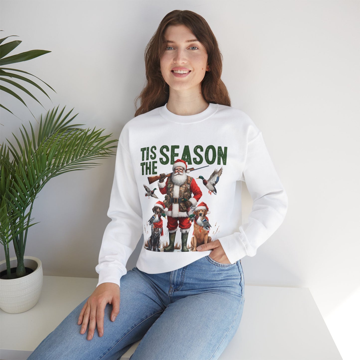 Christmas hunting-themed Crewneck featuring Santa and hunting dogs