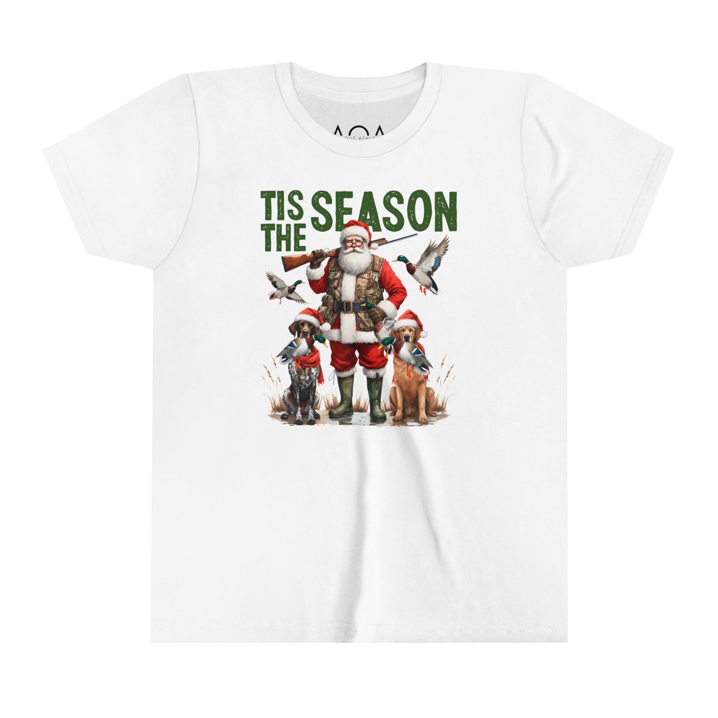 Youth Christmas hunting-themed T-Shirt featuring Santa and hunting dogs