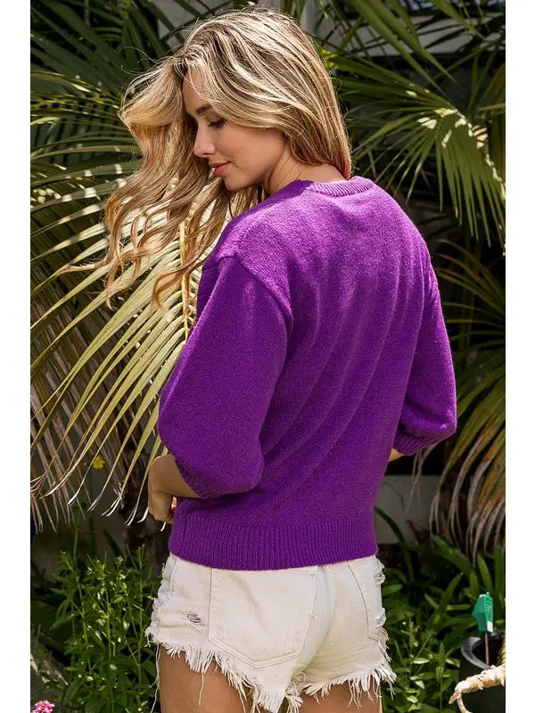Touchdown Metallic Letter Puff Sleeve Sweater Purple & Gold