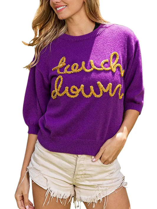 Touchdown Metallic Letter Puff Sleeve Sweater Purple & Gold