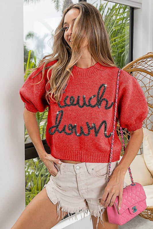 Touchdown Metallic Letter Puff Sleeve Sweater Red & Black